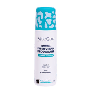 MooGoo Fresh Cream Deodorant Lemon Myrtle displayed on clean white backdrop, natural roll-on with light citrus fragrance and alkaline formula, natural roll-on formula to control odour without irritation