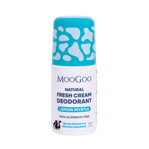 MooGoo Fresh Cream Deodorant Lemon Myrtle displayed on clean white backdrop, natural roll-on with light citrus fragrance and alkaline formula, natural roll-on formula to control odour without irritation.