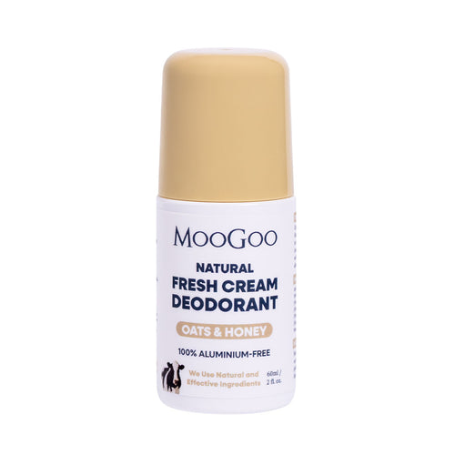 MooGoo Fresh Cream Deodorant Oats and Honey on white background, aluminium free natural roll-on with gentle alkaline formula to prevent odour