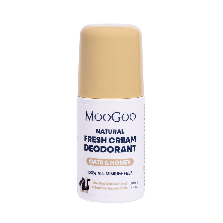 MooGoo Fresh Cream Deodorant Oats and Honey on white background, aluminium free natural roll-on with gentle alkaline formula to prevent odour