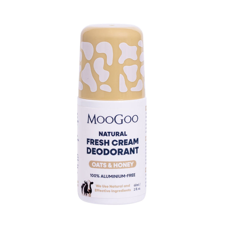 MooGoo Fresh Cream Deodorant Oats and Honey on white background, aluminium free natural roll-on with gentle alkaline formula to prevent odour