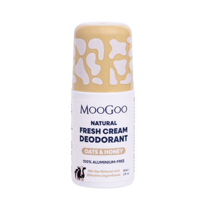 MooGoo Fresh Cream Deodorant Oats and Honey on white background, aluminium free natural roll-on with gentle alkaline formula to prevent odour
