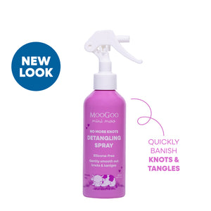 MooGoo Mini Moo Baby & Child Natural Detangling Spray 150ml with purple label, gentle conditioning spray for kids that banishes knots and tangles