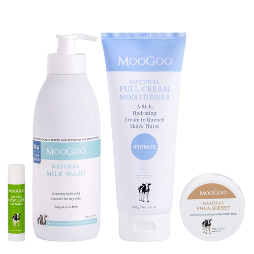 MooGoo Dry Skin Rescue Pack with four products for dry skin, including Milk Wash, Shea Sorbet, Full Cream Moisturiser and Cow Lick Lip Balm, for skin repair and barrier protection.