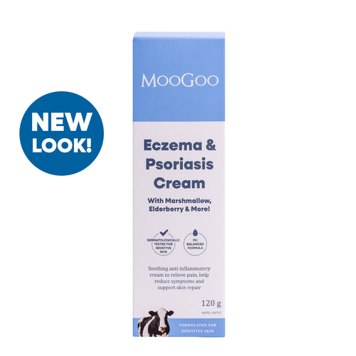 MooGoo Eczema & Psoriasis Cream new look packaging on white background, soothing natural anti inflammatory cream with marshmallow and elderberry for sensitive skin