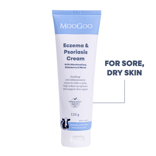 MooGoo Eczema & Psoriasis Cream in a white and light blue squeeze tube, shown on a white background with text reading 'FOR SORE, DRY SKIN'. Soothing natural anti inflammatory cream with marshmallow and elderberry for sensitive skin.
