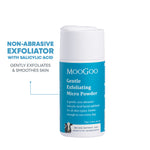 MooGoo Gentle Exfoliating Micro Powder on white background, salicylic acid facial exfoliant with rice bran powder, gently exfoliates and smoothes skin