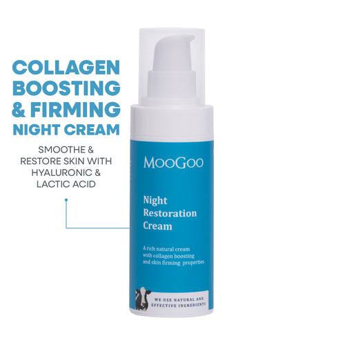 MooGoo Night Restoration Cream collagen boosting and firming night cream, 75g pump bottle with hyaluronic acid and lactic acid