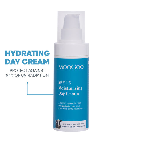 MooGoo SPF 15 Moisturising Day Cream on white background, hydrating face cream with zinc oxide, niacinamide and antioxidants to protect against UV damage.