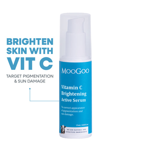 MooGoo Vitamin C Brightening Active Serum on white background with product text, antioxidant serum to target pigmentation, dark spots and sun damage.