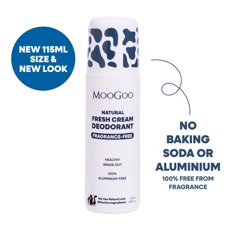 MooGoo Natural Fresh Cream Deodorant bottle with a white body, blue cow print cap, and blue text, shown on a white background with promotional blue circles and text about 115ml size and no baking soda or aluminium.