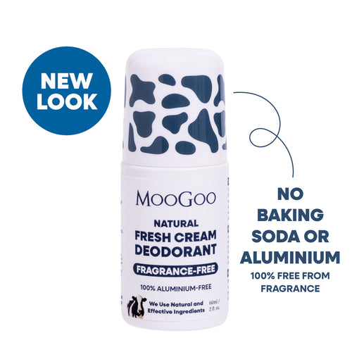 MooGoo Natural Fresh Cream Deodorant roll-on bottle with a white body and dark blue cow-print cap, shown on a white background with blue text and a blue 'NEW LOOK' badge. Baking soda, Aluminium free and fragrance free for delicate underarms. 