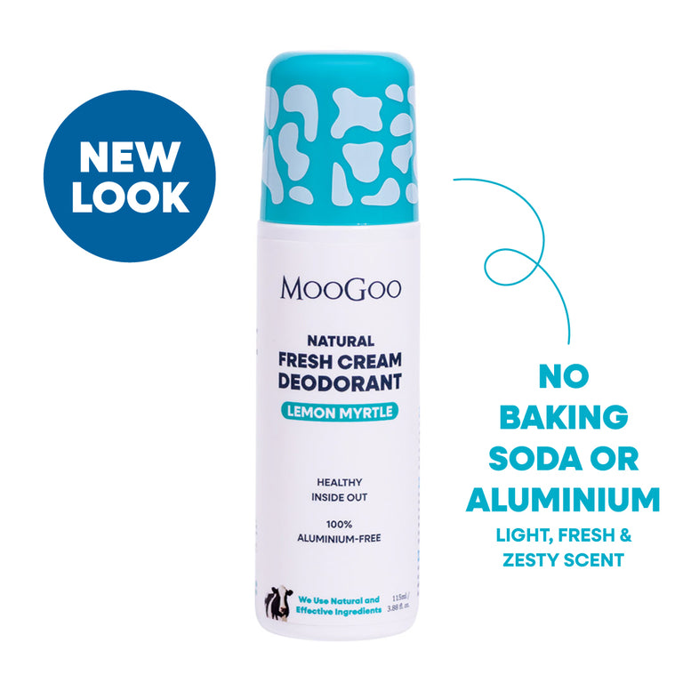 MooGoo Natural Fresh Cream Deodorant roll-on in Lemon Myrtle scent, featuring a turquoise and white cow-print cap and white label. Includes a blue 'NEW LOOK' badge and text highlighting no baking soda or aluminium. Natural roll-on with light citrus fragrance and alkaline formula, natural roll-on formula to control odour without irritation.