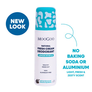 MooGoo Natural Fresh Cream Deodorant roll-on in Lemon Myrtle scent, featuring a turquoise and white cow-print cap and white label. Includes a blue 'NEW LOOK' badge and text highlighting no baking soda or aluminium. Natural roll-on with light citrus fragrance and alkaline formula, natural roll-on formula to control odour without irritation.