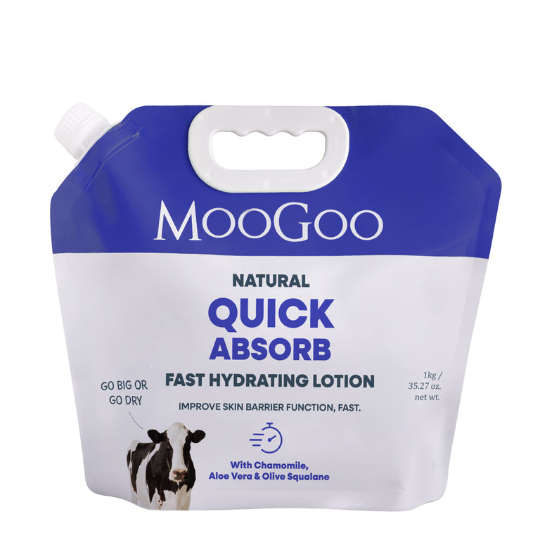 MooGoo Natural Quick Absorbing Fast Hydrating Lotion in a flexible blue and white squeeze pouch with a handle, shown on a plain white background.