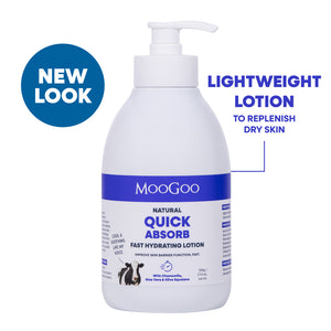 MooGoo Natural Quick Absorb Lotion 500g, lightweight fast absorbing moisturiser with chamomile, aloe vera and olive squalane for sensitive skin, improve barrier function.