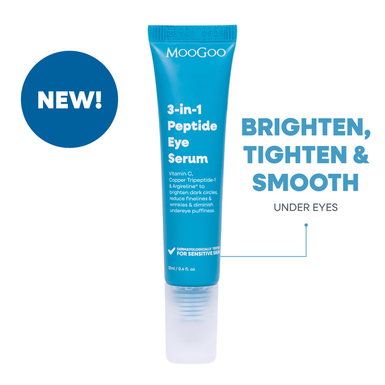 MooGoo 3-in-1 Peptide Eye Serum in a bright blue squeeze tube with a clear cap, shown on a white background with a blue 'NEW!' badge and marketing text. Made with Vitamin C, Copper Tri-Peptide, Argireline Amplified and Vitamin K to brighten dark circles, reduce fine lines and wrinkles, and diminish under eye puffiness.
