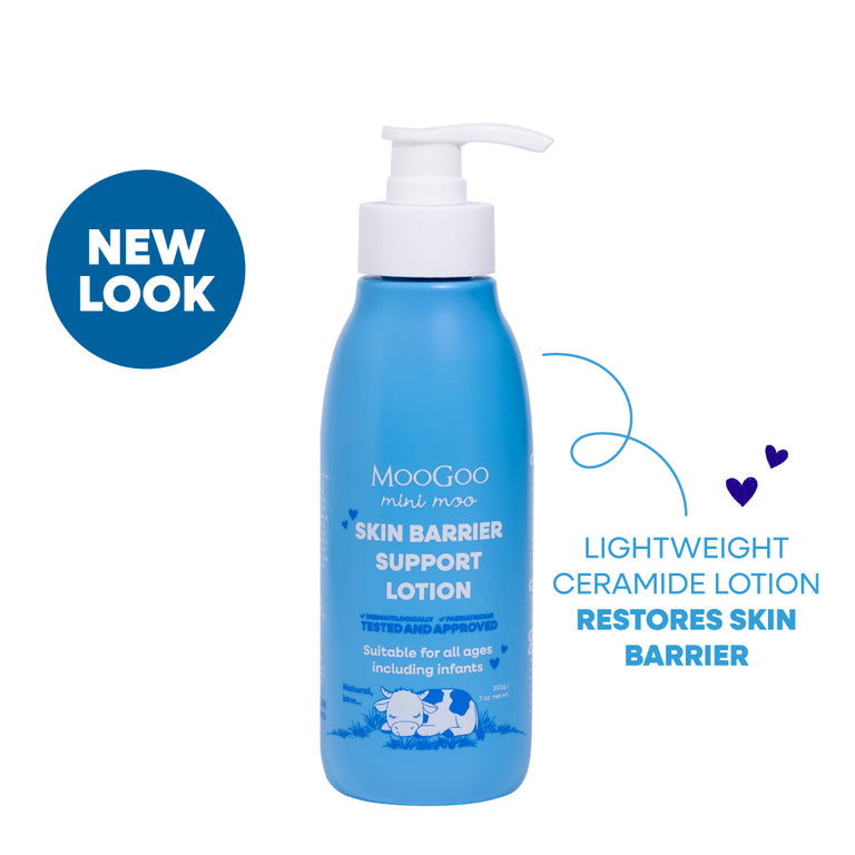 MooGoo Mini Moo baby and child natural fast absorbing lotion with ceramides 200g with a white background. A lightweight Moisturiser for delicate skin. 