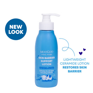 MooGoo Mini Moo baby and child natural fast absorbing lotion with ceramides 200g with a white background. A lightweight Moisturiser for delicate skin. 