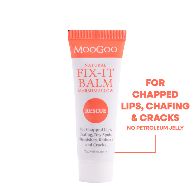MooGoo Natural Fix It Balm on white background, Petroleum free, for chapped lips, dry spots, blemishes. redness and cracks