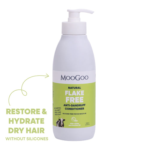 MooGoo Natural Flake Free Anti-Dandruff Conditioner 500ml pump bottle, silicone free formula with jojoba and coconut oil to restore dry scalp
