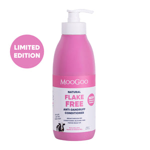 MooGoo Natural Pink Flake Free Anti-Dandruff Conditioner 500ml pump bottle, silicone free formula with jojoba and coconut oil to restore dry scalp