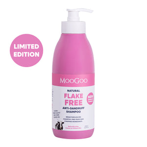 MooGoo natural Pink Flake Free Shampoo against minimal background, gentle SLS-free cleanser to fight dandruff and soothe itchy, flaky scalp