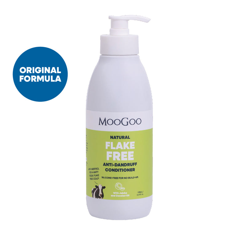 MooGoo Natural Pink Flake Free Anti-Dandruff Conditioner 500ml pump bottle, silicone free formula with jojoba and coconut oil to restore dry scalp