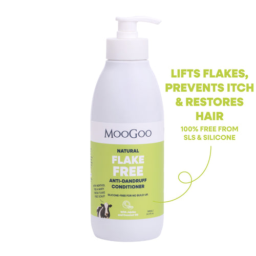 MooGoo Flake Free Anti-Dandruff Conditioner bottle on a white background. Lifts flakes, prevents itch and restores hair. Free from SLS, Sulphates and silicones. Silicone free formula with jojoba and coconut oil to restore dry scalp. 