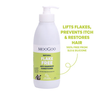 MooGoo Flake Free Anti-Dandruff Conditioner bottle on a white background. Lifts flakes, prevents itch and restores hair. Free from SLS, Sulphates and silicones. Silicone free formula with jojoba and coconut oil to restore dry scalp. 