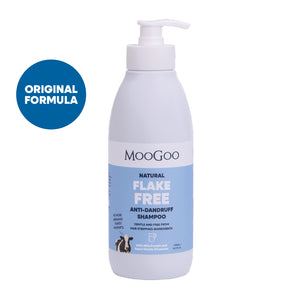 MooGoo natural Flake Free Shampoo against minimal background, gentle SLS-free cleanser to fight dandruff and soothe itchy, flaky scalp