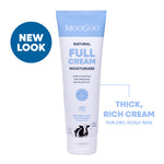 Natural Full Cream Moisturiser by MooGoo shown against plain backdrop, everyday face and body cream to boost elasticity and hydrate sensitive skin