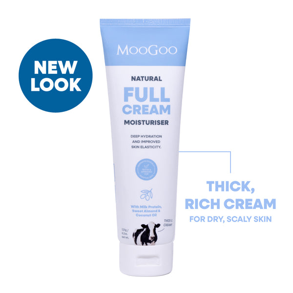 Natural Full Cream Moisturiser by MooGoo shown against plain backdrop, everyday face and body cream to boost elasticity and hydrate sensitive skin
