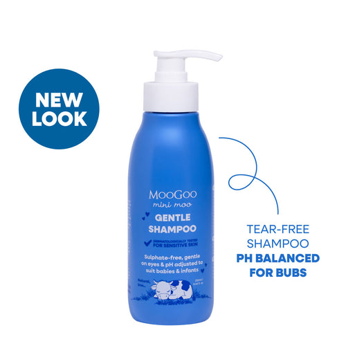 MooGoo Mini Moo Natural Gentle Shampoo on white background, tear-free shampoo for bubs, mild formula for sensitive scalps and baby skin