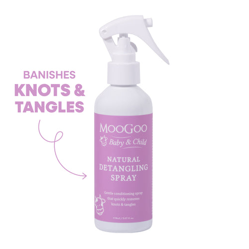 MooGoo Baby & Child Natural Detangling Spray 150ml with purple label, gentle conditioning spray for kids that banishes knots and tangles
