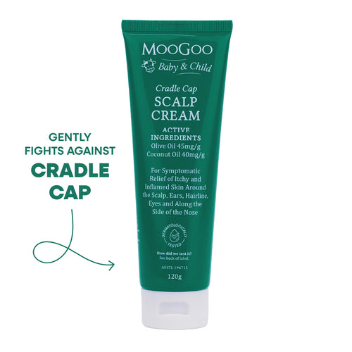 Tube of MooGoo Baby Scalp Cream with green packaging, highlighting its use for relieving itchy and inflamed skin around the scalp, ears, hairline, eyes, and side of the nose.