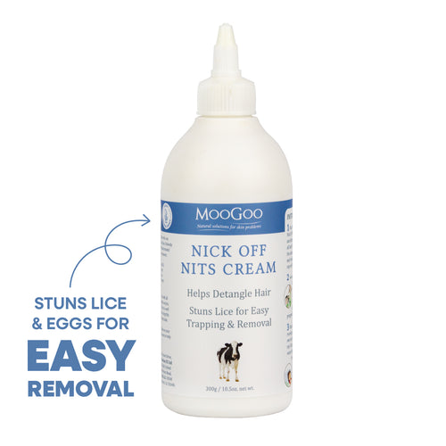 Natural head lice treatment MooGoo Nick Off Nits Cream 300g, stuns lice and eggs for combing, non toxic formula with olive and rosemary oils