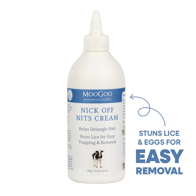 Natural head lice treatment MooGoo Nick Off Nits Cream 300g, stuns lice and eggs for combing, non toxic formula with olive and rosemary oils