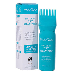 MooGoo Natural Dry Shampoo with packaging on a white background. Scalp-friendly, talc-free powder for refreshing hair.
