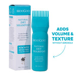 MooGoo natural dry shampoo with packaging and comb applicator on a white background
