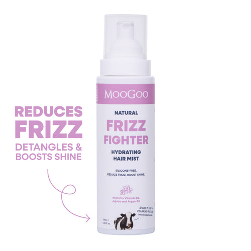 Close-up of MooGoo Natural Frizz Fighter Hydrating Hair Mist 180ml, silicone-free frizz spray with jojoba oil and pro vitamin B5