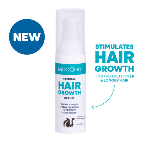 Moogoo hair growth serum bottle with text on a white background