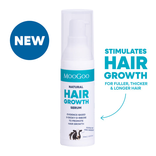 Moogoo hair growth serum bottle with text on a white background
