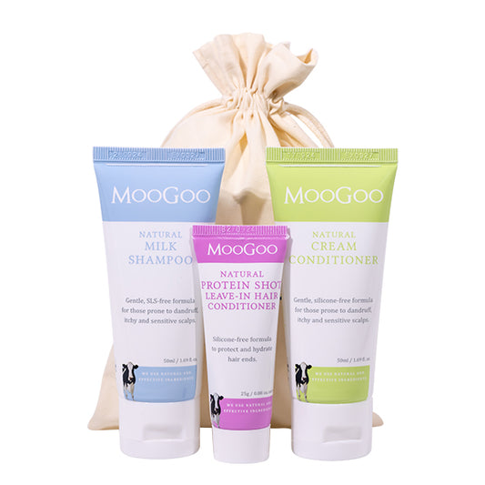 MooGoo Hair Care Trial Kit on white background, mini shampoo, conditioner and leave-in conditioner set with natural scalp-friendly formulas