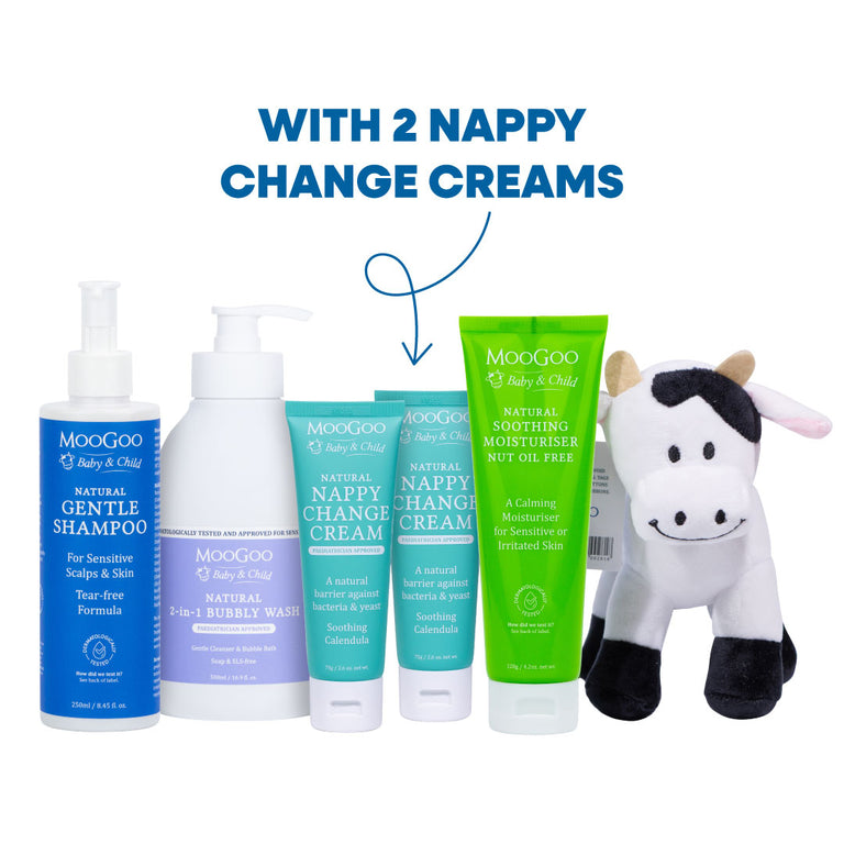 MooGoo Baby Starter Kit gift box with Gentle Shampoo, Soothing Moisturiser, Bubbly Wash, two Nappy Change Creams and toy cow, natural skincare essentials for newborns