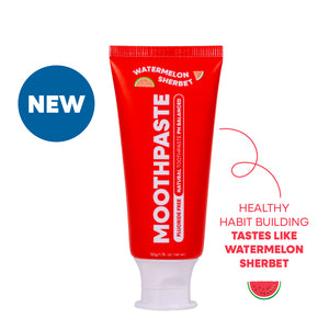 Tube of MooGoo Kids Watermelon Sherbet flavoured toothpaste on a white background. Healthy habit building, tastes like Watermelon Sherbet. Fluoride-free formula, safe for kids.