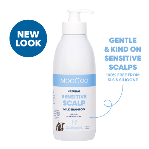 MooGoo Natural Sensitive Scalp Milk Shampoo bottle in a white pump bottle with a blue label band, shown on a white background with a blue 'NEW LOOK' badge. Dermatologist-approved scalp care, gentle and kind on sensitive scalps. Free from SLS, SLES and silicone. 
