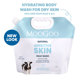 MooGoo Natural Sensitive Skin Milk Wash in a 2.5L flexible refill pouch. Eco friendly refill pouch of MooGoo Natural Milk Wash 2.5L, creamy cleanser for sensitive dry skin, soap and sulphate free. 