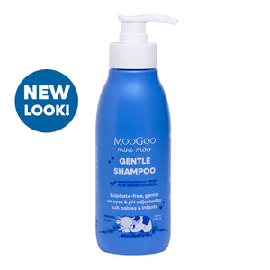 MooGoo Mini Moo Natural Gentle Shampoo on white background, tear-free shampoo for bubs, mild formula for sensitive scalps and baby skin