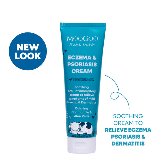 MooGoo Mini Moo Baby and Child Eczema & Psoriasis Cream 120g in white background, Relieves Itchy, Irritated & Inflamed Skin Caused By Mild Eczema, Dermatitis & Mild Psoriasis.